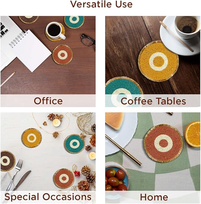 Folkulture Fall Beaded Coasters for Drinks | Set of 4 (4") Round Decorative Bar Coasters for Table Décorations | Cute Boho Coaster Set for Cocktail | Modern Coaster for Coffee Table | Evil Eye Decor