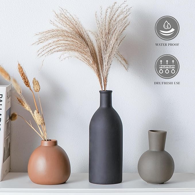Ceramic Flower Vase Set of 3, Home Decor Vases for Centerpieces, Tulips Flowers Pampas Grass Decor, Boho Rustic Farmhouse Kitchen Bedroom Bathroom Living Room Office Wall Decor Aesthetic -Black