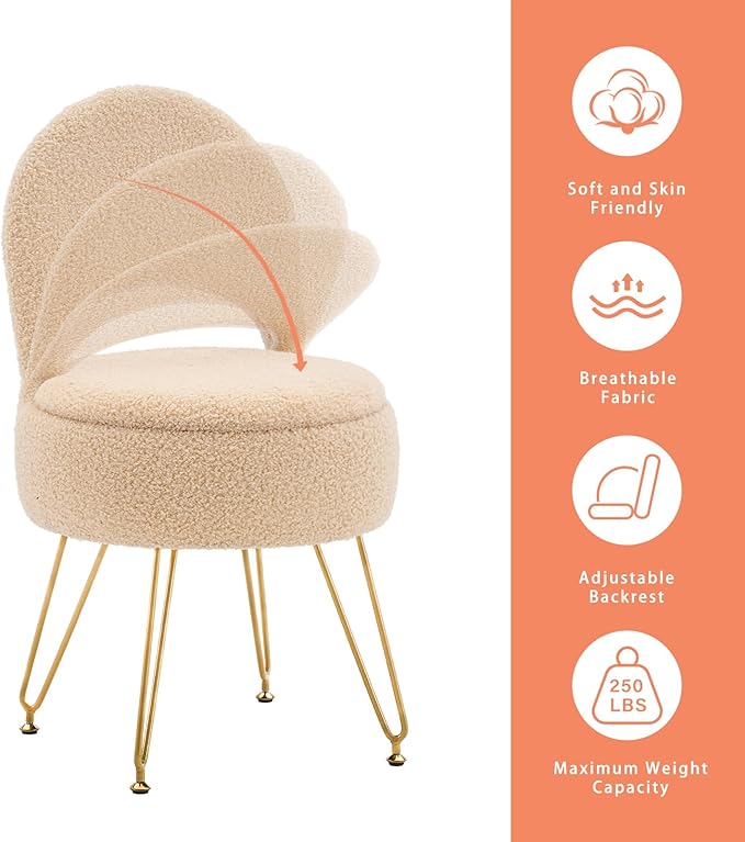 Ottoman Teddy Velvet Vanity Stool Chair with Folding Back Multifunctional Upholstered Makeup Chair, 4 Metal Legs with Anti-Slip Feet for Bedroom Living Room Entryway