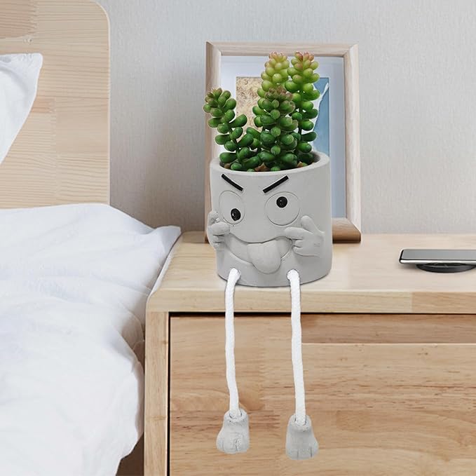 2PCS Artificial Mini Succulent Plants, Cute Fake Plant Faux Succulents in Grey Pots, Artificial Plants with Hanging Leg Potted for Home Office Desk Shelf Bathroom Decor