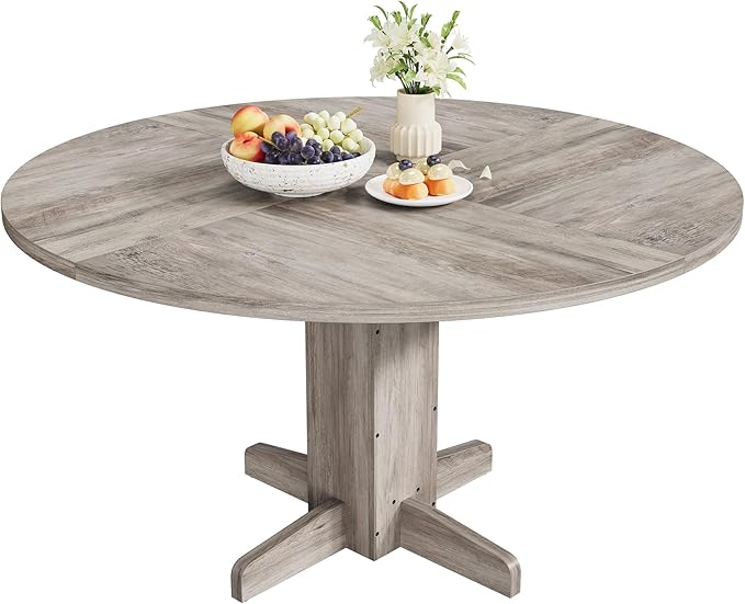 Garvee Round Dining Room Table for 4-6, 47" Wood Kitchen Table with Sturdy Pedestal Base, Farmhouse Circle Dinner Tables for Living Room, Apartment, Grey