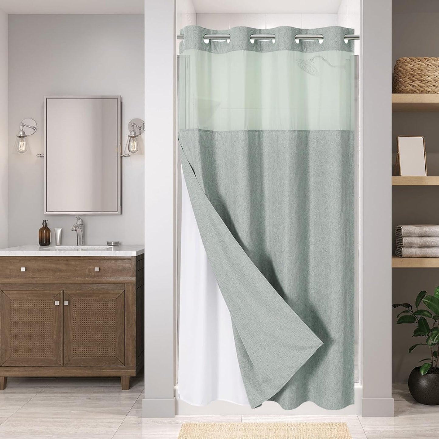 Stall No Hooks Needed Linen Textured Shower Curtain with Snap-in Fabric Liner Set,Hotel Luxury Decor Farmhouse Shower Curtains for Bathroom,Waterproof & Washable,54Wx80H,Sage Green