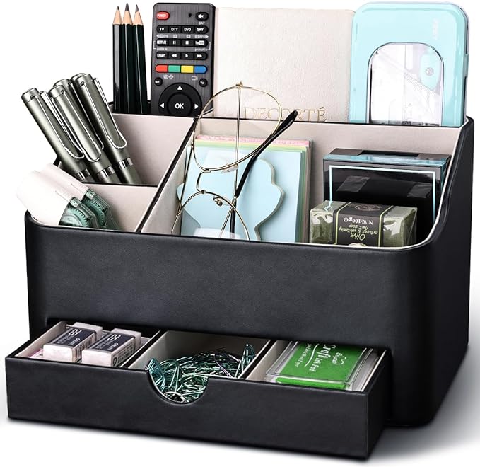 KINGFOM Desk Organizer with Drawer, Multifunction Pencil Holder for Desk, Desk Organizer and Accessories 5 Comparetments for Home Office Supplies (Black)