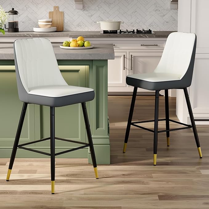 Bar Stools Set of 2,27" Counter Height Bar Stools Set of 2,Faux Leather Counter Stools with Soft Padded Seat & Curved Backrest,Modern Kitchen Island Chairs for Dining Café