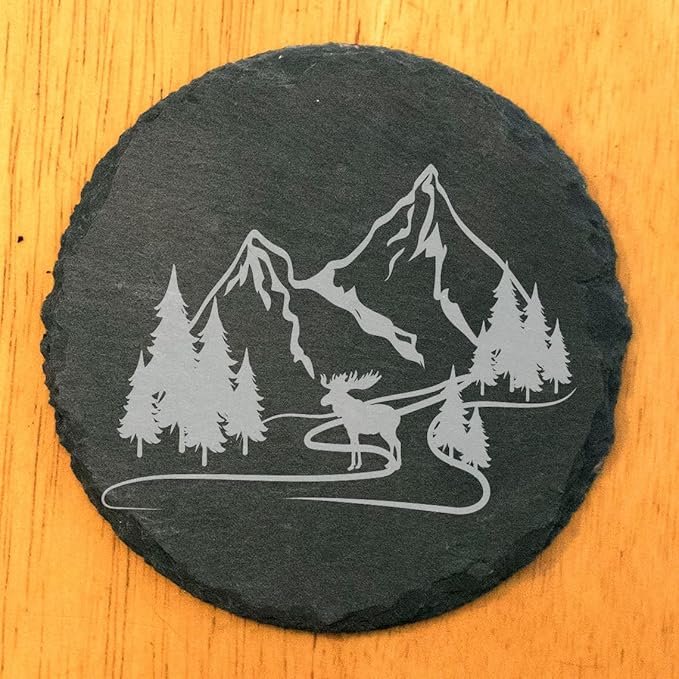 Mountain Majesty Slate Coasters with Stunning Mountain Scene Design - Perfect for Home and Office Decor and Protection of Surfaces, Available in Square or Round Coasters - Round Slate - Set of 8
