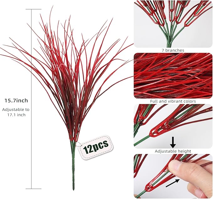 RECUTMS Artificial Shrubs Bushes, Plastic Wheat Grass Green Leaves Fake Plants Wedding Indoor Outdoor Home Garden Verandah Kitchen Office Table Centerpieces Arrangements Christmas Decoration(Red)