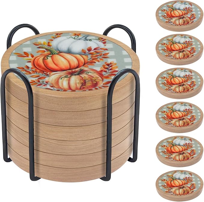 Fall Coasters Set of 6, Pumpkins Coaster, Minacun Absorbent Coasters with Holder Halloween Thanksgiving Themed Party Decoration 4.3 Inch
