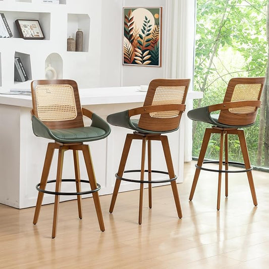 Bar Height Bar Stools Set of 3 - 29.5 inch Mid Century Modern Bar Stools with Cane Back, Curved Arms, Faux Leather Upholstered Seat, Rattan BarStools for Island/Pub/Kitchen (30" Seat Height, Green)