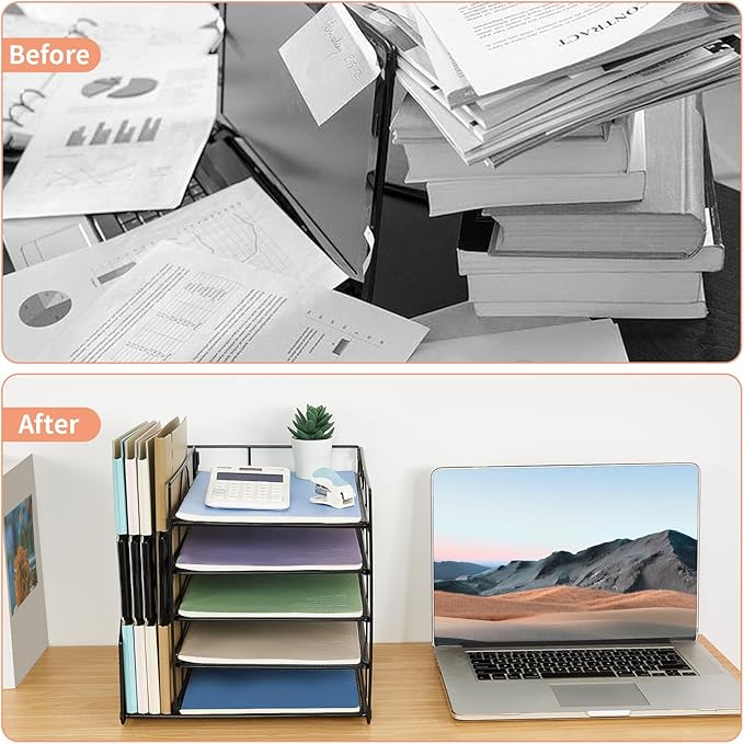 Desk Organizers and Accessories, 5-Tier Paper Letter Tray Organizer with File Holder, Desktop Organizer for Office Supplies (Black)