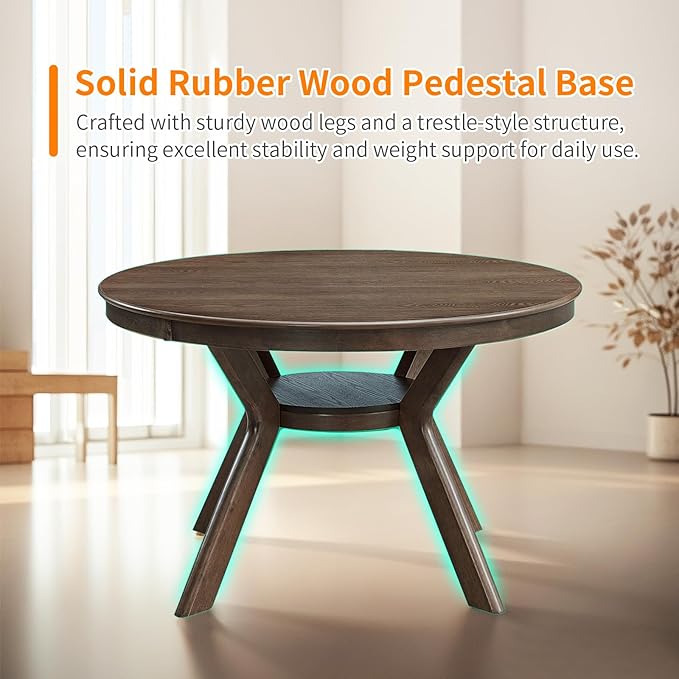 NicBex 47.24" Rubber Wood Round Dining Table for 4-6 People, Mid-Century Kitchen and Dining Table with Wooden Trestle Base, Rustic Brown Solid Wood and MDF Table for Dining Room or Living Room Brown