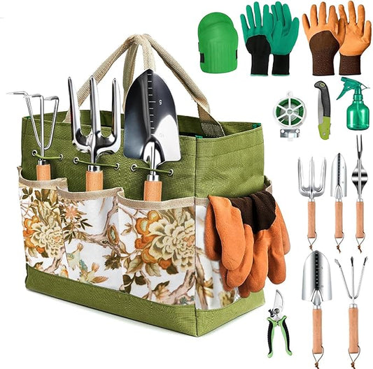 Gardening Tools 13 PCS Stainless Steel Heavy Duty Garden Tool Set with Storage Tote Bag, Knee Pads, Squirt Bottle and Gloves, Gardening Hand Tool Gifts Kit for Women Men