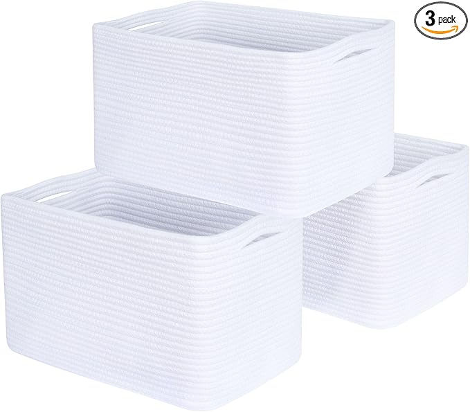 MINTWOOD Design 3-Pack Decorative Woven Storage Baskets for Shelves, Cube Bin Box for Organizing Books, Shoes, Dog Toys, Pantry Closet and Living Room Organizer, Full White