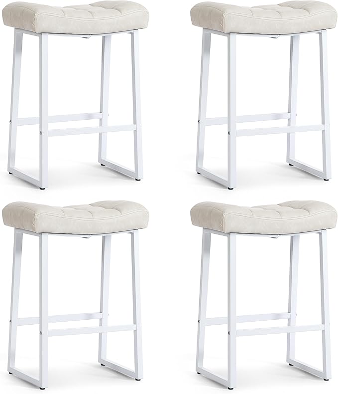 White & Beige Counter Height Bar Stools Set of 4 for Kitchen Counter Modern Backless Barstools with Upholstered Faux Leather Seat and Metal Frame Industrial 24 inch Bar Chairs