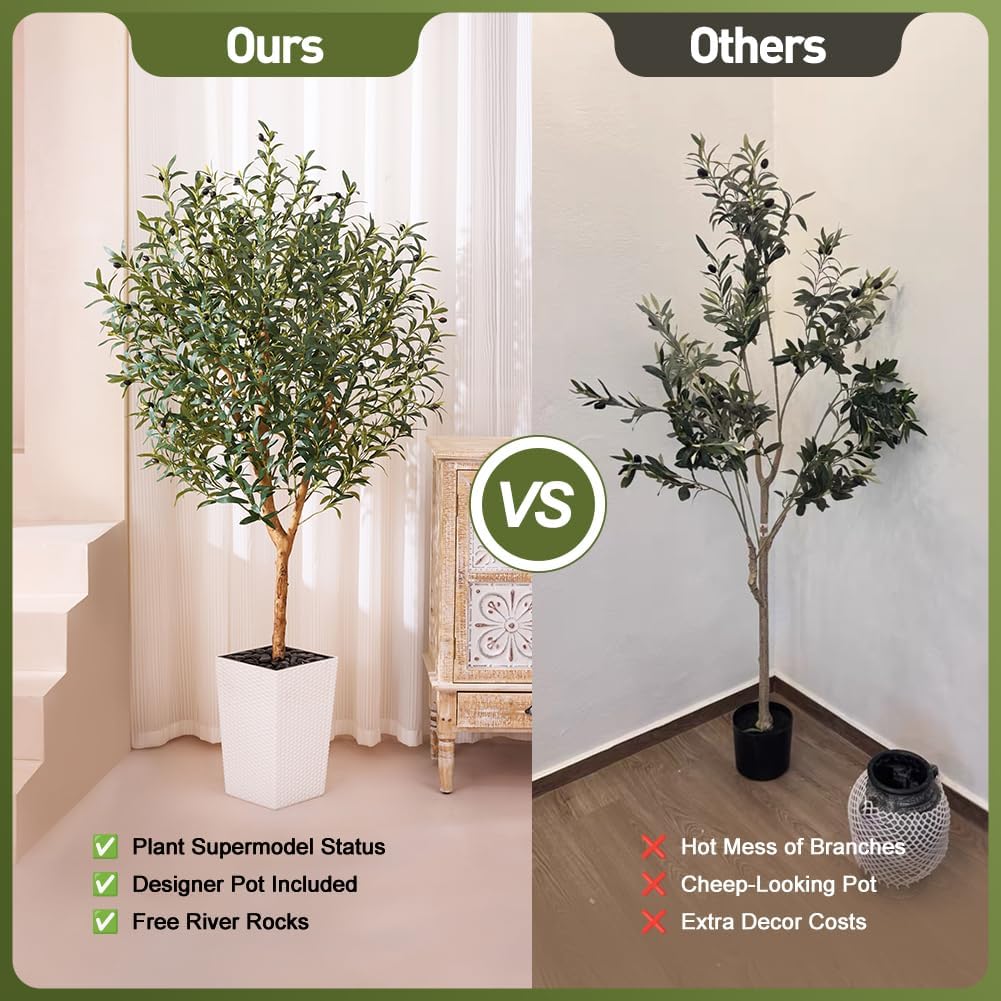 Artificial Olive Tree 6FT, Faux Olive Trees with Real Wood Trunk, UV Resistant Fake Plants in Planter & River Rocks, Indoor Tall Silk Plant for Home Living Room Office Outdoor Decor, VN133