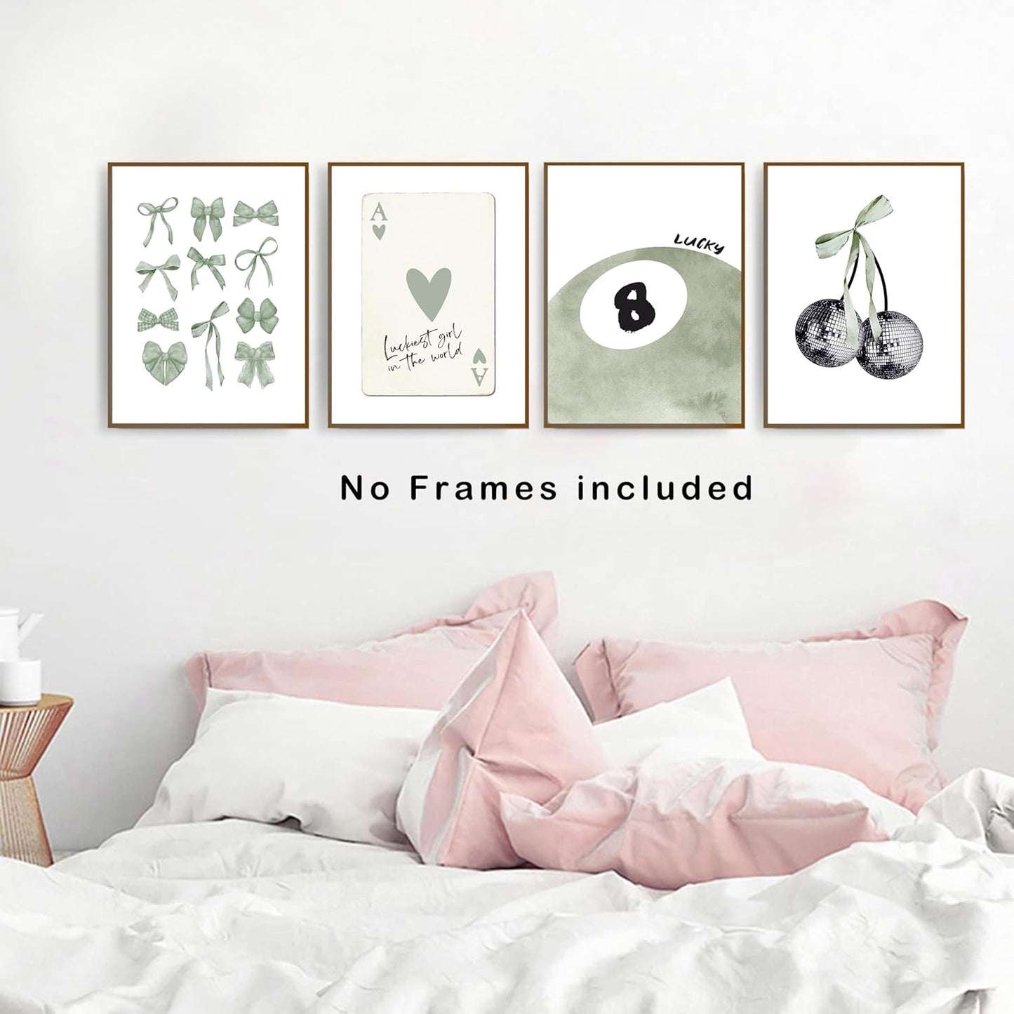 okaxscm Sage Green Coquette Trendy Preppy Wall Art Prints Set of 4, Coquette Preppy Room Decor Aesthetic, Green Bow Disco 8 Ball Cherry Wall Decor Posters for Girls Bedroom Dorm, 12x16 Unframed