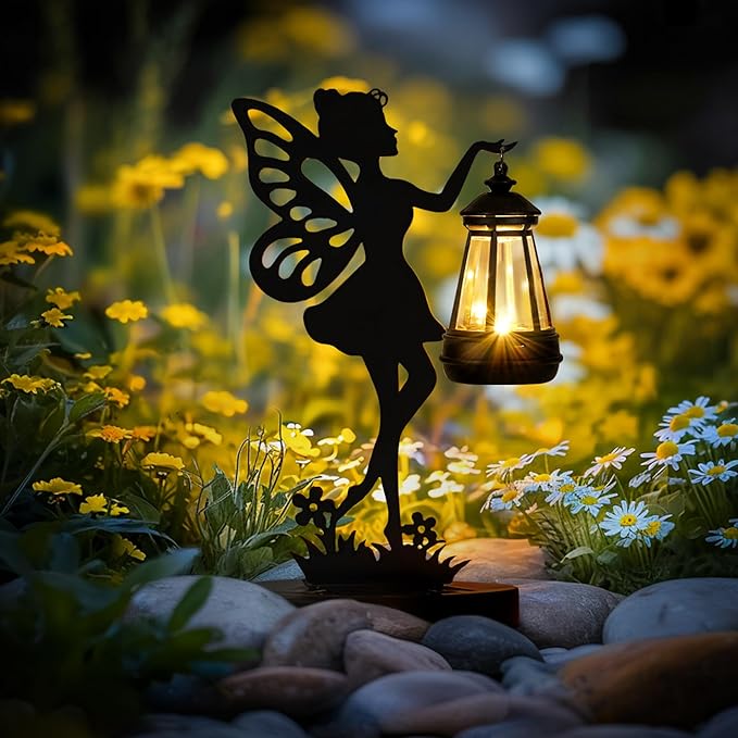Solar Garden Statues Outdoor Decor, Fairy Garden Accessories, Housewarming Ornament Gift for Women Mom Grandma, Metal Decorative Figurine Light for Patio, Lawn, Yard, Pathway