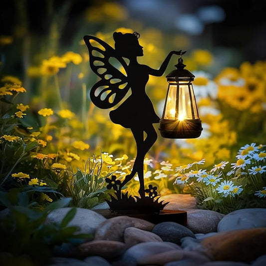 Solar Garden Statues Outdoor Decor, Fairy Garden Accessories, Housewarming Ornament Gift for Women Mom Grandma, Metal Decorative Figurine Light for Patio, Lawn, Yard, Pathway