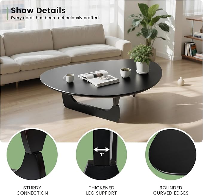 Solid Wooden Modern Triangle Coffee Table: Unique Funky Coffee Tables for Living Room, Oval Mid-Century Irregular Abstract Tea Tables for Patio Office Balcony Bedroom (Black, 35" L x 24" W x 16" H)