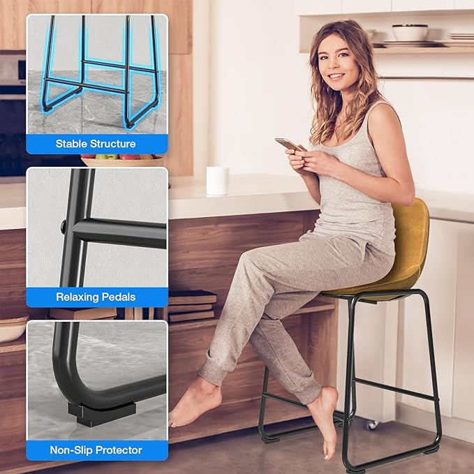 Rfiver Pu Faux Leather Bar Stools Set of 2, Industrial Pub Barstools with Back and Footrest, Modern Armless Bar Height Stool Chairs (Yellow, 24" Counter Chair x3)