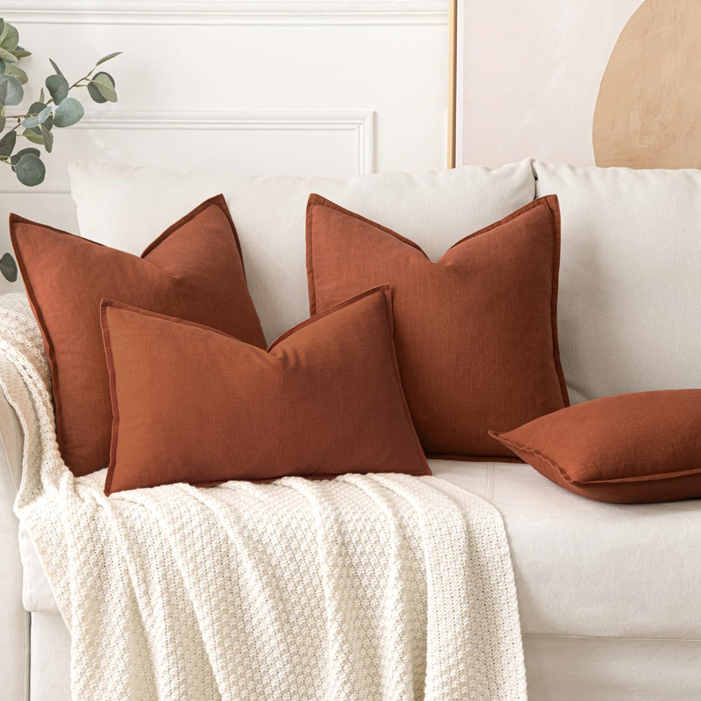 MIULEE Fall Decorative Linen Euro Sham Pillow Covers 26x26 Rust Boho Farmhouse Neutral Couch Throw Pillows for Bed Pack of 2 Accent Modern Pillowcase Summer Sofa Livingroom Home Decor