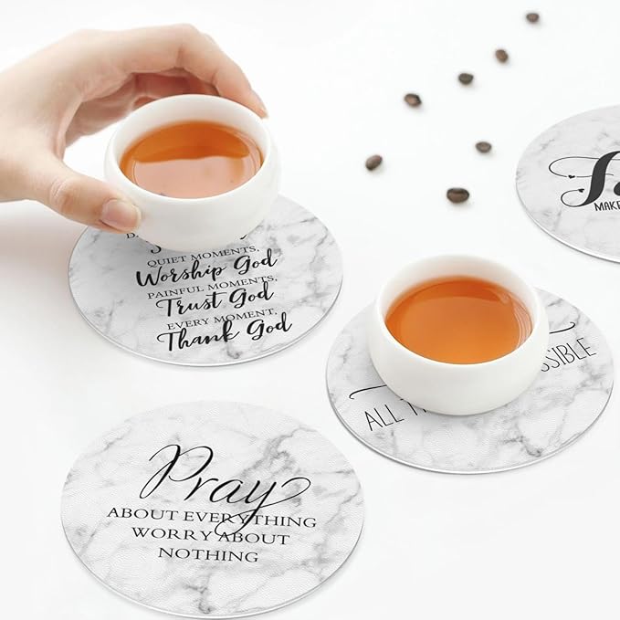 Marble Grey Christian Bible Verses Coasters Set of 6 Coasters for Drinks Absorbent Double-Sided Leather PVC Coaster for Tabletop Protection Coffee Table Decor Ideal for Home Decor House Warming Gifts