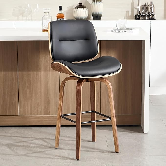 Mid Century Modern Bar Stools Set of 1, 29.5'' Bar Height Swivel Stools with Bentwood Legs, Faux Leather Upholstered Bar Chairs with Footrest for Kitchen Island & Countertops, Black