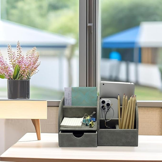 UnionBasic Desk Organizer, Multi-functional Leather Desktop Office Organizer, Pen Holder - Business Card/Pen/Pencil/Mobile Phone/Stationery Holder Storage Box, Taiga Dark Grey