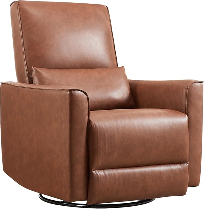 GarveeHome Recliner Chair, 360° Swivel Rocker Glider Nursery Chair with Padded Armrest and Deep Seat, PU Leather Upholstered Reclining Sofa Chair for Living Room, Bedroom and Nursery (Brown)