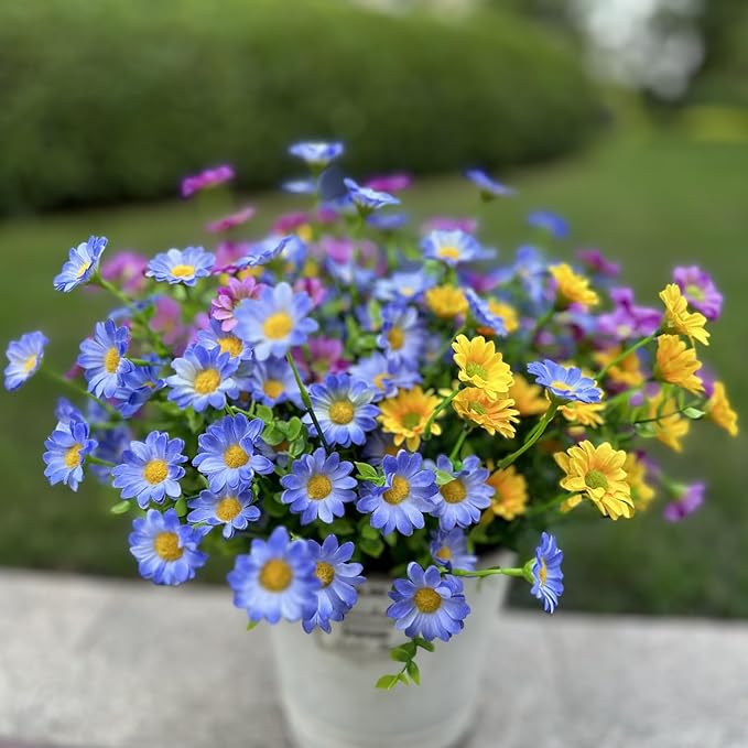 alyptus Artificial Daisy Flowers Outdoor Decoration 16 Bundles UV Resistant Blue Fake Silk Plants for Stunning Front Porch Pot Decor Outside (16 Bundle NO.P)