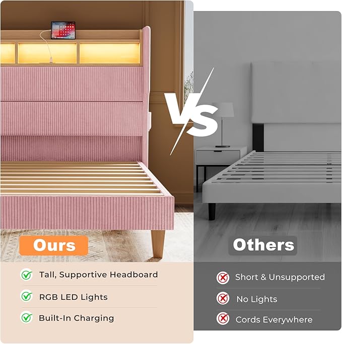 King Size Bed Frame with 51" Tall Corduroy Wingback Headboard and Storage Shelf, Upholstered Platform Bed with LED Lights & Charging Station, No Box Spring Needed, Easy Assembly, Pink