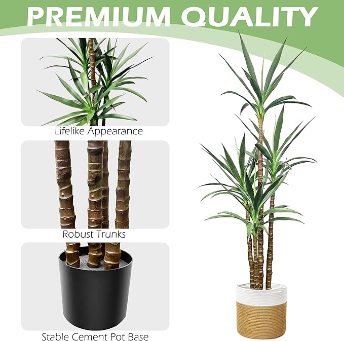 Artificial Trees 72 Inch/ 6Ft Faux Tree 4 Trunks Agave Plant, Tall Fake Plant with Plastic Pot for Home Decor, Office Decor
