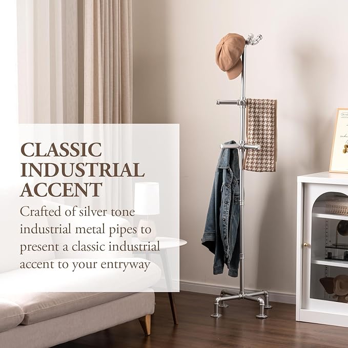 MyGift 5.5ft Freestanding Coat Rack with Silver Tone Industrial Metal Pipe Design and 12 Hooks, Entryway Organizer Stand for Hanging Coats, Hats, Purses