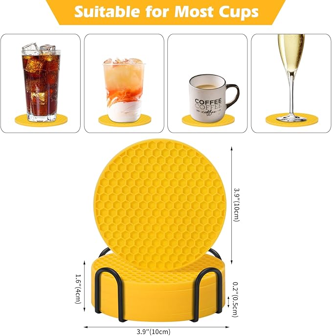 Coasters Set of 6 with Holder,Coasters for Drinks,Coffee Table Decor Coaster,Suitable for Kinds Cups,Anti-Slip,Non-Stick,Silicone Cup Coaster and Living Room Decor (6 Pcs, Yellow)