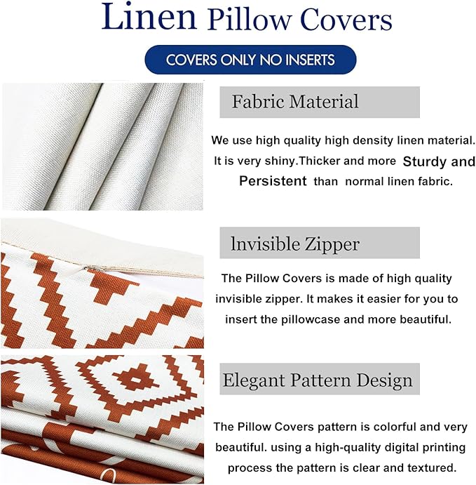Decorative Throw Pillow Covers Set of 4 Orange Pillow Covers 16x16 inch Throw Pillows Linen Square Pillow Case,Farmhouse Outdoor Modern Geometric Pillow Covers for Couch Sofa Living Room