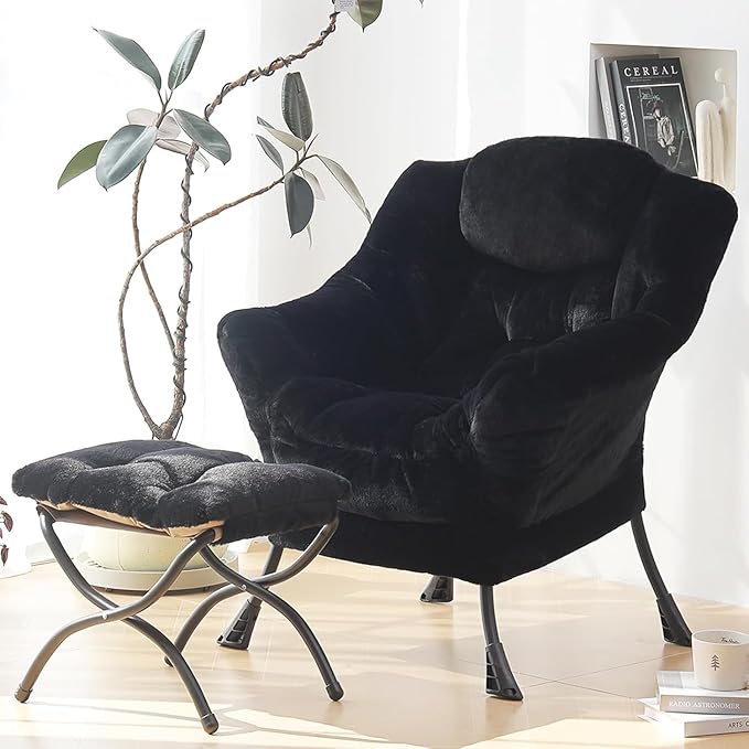 Plush Lazy Chair and Ottoman, Large Contemporary Accent Lounge Chair with Armrests and a Side Pocket, Modern Leisure Upholstered Sofa Reading Armchair with Footrest for Bedroom, Living Room