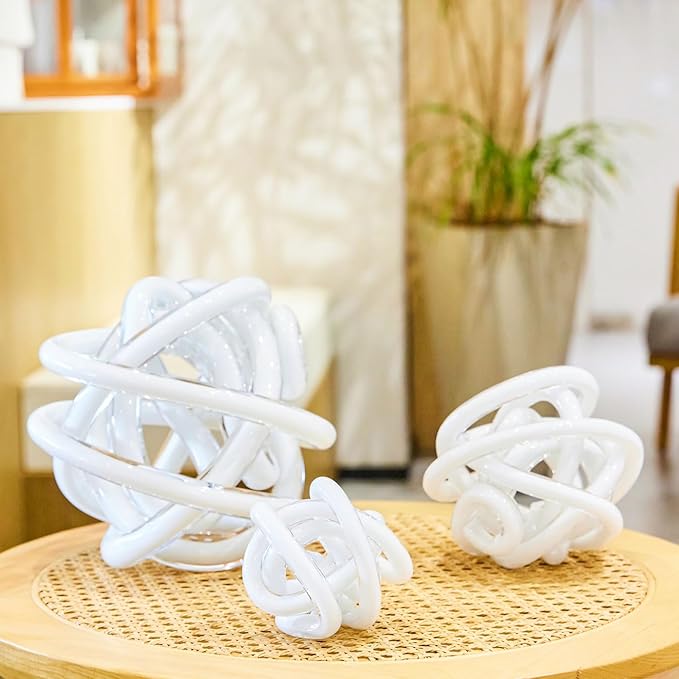 Luxury Lane Hand Blown Infinity Knot Sommerso Decorative Glass Ball for Bowls Home Decor 6 inch Tall Orbit Centerpiece Table Decoration Sculpture White