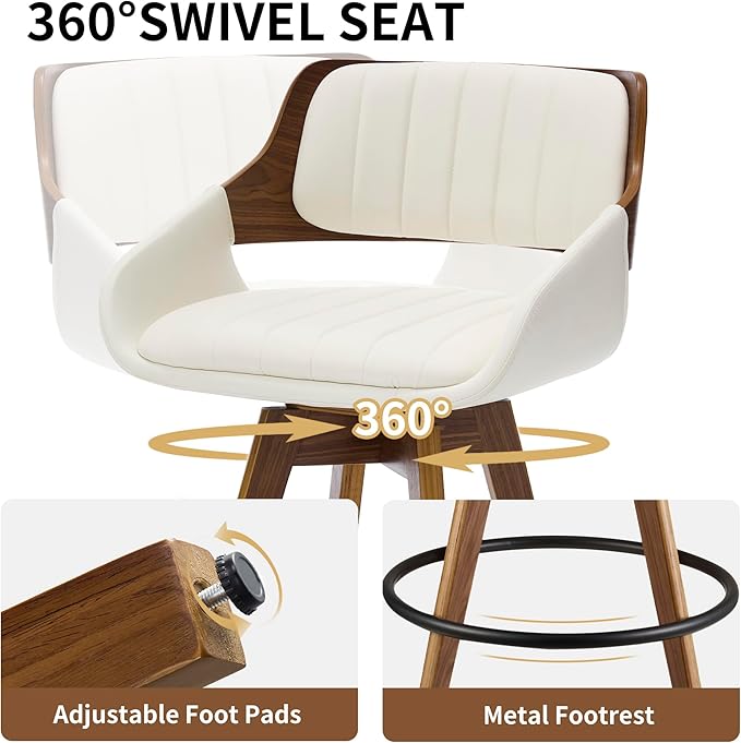 Swivel Bar Stools Set of 2, Walnut Counter Height Bar Stools with Back and Arms, 26" Modern Faux Leather Upholstered Bar Chairs for Kitchen Island Bar-Beige