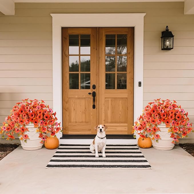 Artificial Fall Flowers for Outdoors Decoration, 2Pcs Fake Petunias Silk Plants UV Resistant No Fade, Realistic Faux Flower Look Real for Outdoor Planters Garden Porch Patio (Fall Orange)