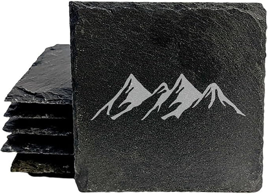 Mountain Majesty Slate Coasters with Stunning Mountain Scene Design - Perfect for Home and Office Decor and Protection of Surfaces, Available in Square or Round Coasters - Square Slate - Set of 4