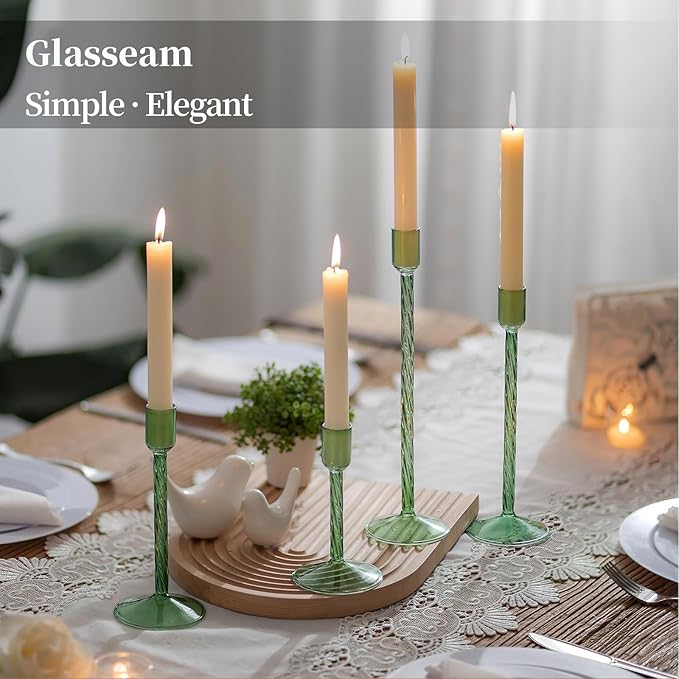 Glasseam Green Glass Candlestick Holder: Tall Candle Stick Holder Set of 4 Candlestick Holders for Taper Candles Modern Decorative Candle Holders for Table Centerpiece Wedding Christmas Home Decor