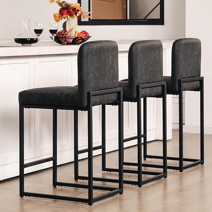 ALPHA HOME Counter Height Bar Stools, 24” Kitchen Counter Stools Set of 3, Pu Leather Kitchen Modern Bar Chairs with Back&Footrest, Sturdy Chromed Metal Steel Frame, Black