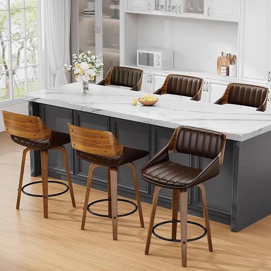 Bar Stools Set of 6, 26" Swivel Counter Height Barstools with Walnut Bentwood Back and Legs, Mid-Century Modern Faux Leather Upholstered Bar Chairs with footrest for Bar, Kitchen Island, café, Brown