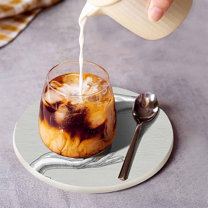 Coffee Cup and Spoon Cup Coasters for Table Vintage Teacup Pair of Hands Stylized Sketch Reusable Drink Coasters Set 2 Pcs Coffee Home Farmhouse Living Room Bar Decor