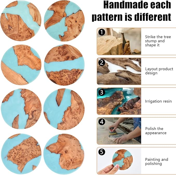 Drink Coaster Set, Wooden Absorbent Coasters, Epoxy Resin Coaster for Coffee Table, Tabletop Protection Decor, Modern Coasters Set of 8 with Holder