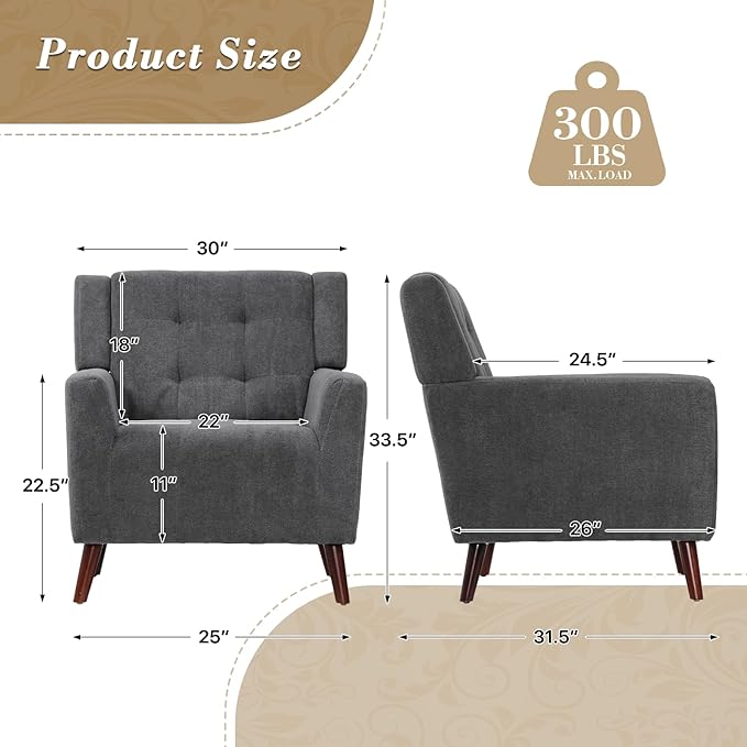 Athena Collection Wingback Accent Chair for Living Room, Comfy Linen Fabric Upholstered Reading Chair for Adults, Single Sofa Armchair for Bedroom, Dorm, Balcony, Dark Grey