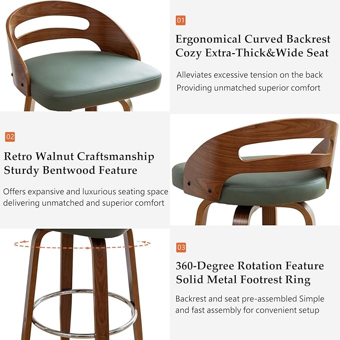 Counter Stools Set of 1, Counter Height Bar Stool with Walnut Crafts, Bentwood Curved Back, Upholstered Faux Leather, Soft Cushion Seat, Swivel Counter Chairs for Island/Pub (Green, 26" Seat Height)