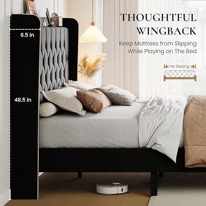 SHA CERLIN Queen Size Platform Bed Frame with Charging Station, Velvet Wingback Headboard with Storage Shelf, Wooden Slats Support, Ample Under-Bed Space, No Box Spring Needed, Easy Assembly, Black