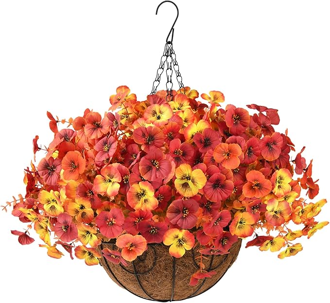 Artificial Fall Flowers for Outdoor, 12 Bundles Faux Pansy Fake Mums Flowers Plants Outdoor Fall Decor, UV Resistant No Fade Silk Flower for Porch Planter Patio Yard Garden(Orange Autumn Sunset Red)