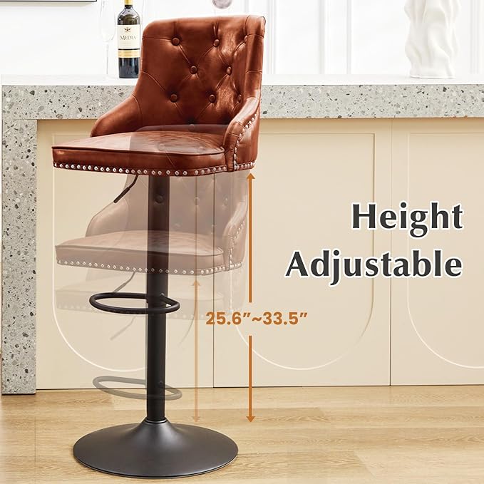 Modern Counter Stools Set of 2, Swivel Counter Height Bar Stools with Back and Armrests, 25'' to 33'' Adjustable Height PU Leather Bar Chairs with Rivets for Kitchen Island, Reddish Brown
