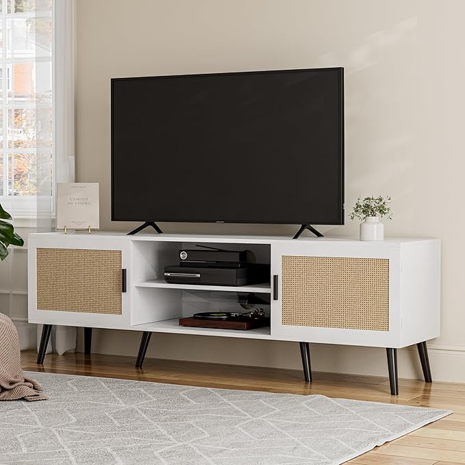 TV Stand for TVs up to 65'', Mid Century Modern Entertainment Center with Rattan Door, Shelves & 2 Cabinets, Boho Media TV Console for Living Room, Bedroom, White